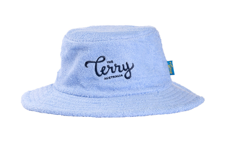 Terry Towelling <BR> Narrow Brim Bucket Hat <BR> Sky Blue + Navy Logo